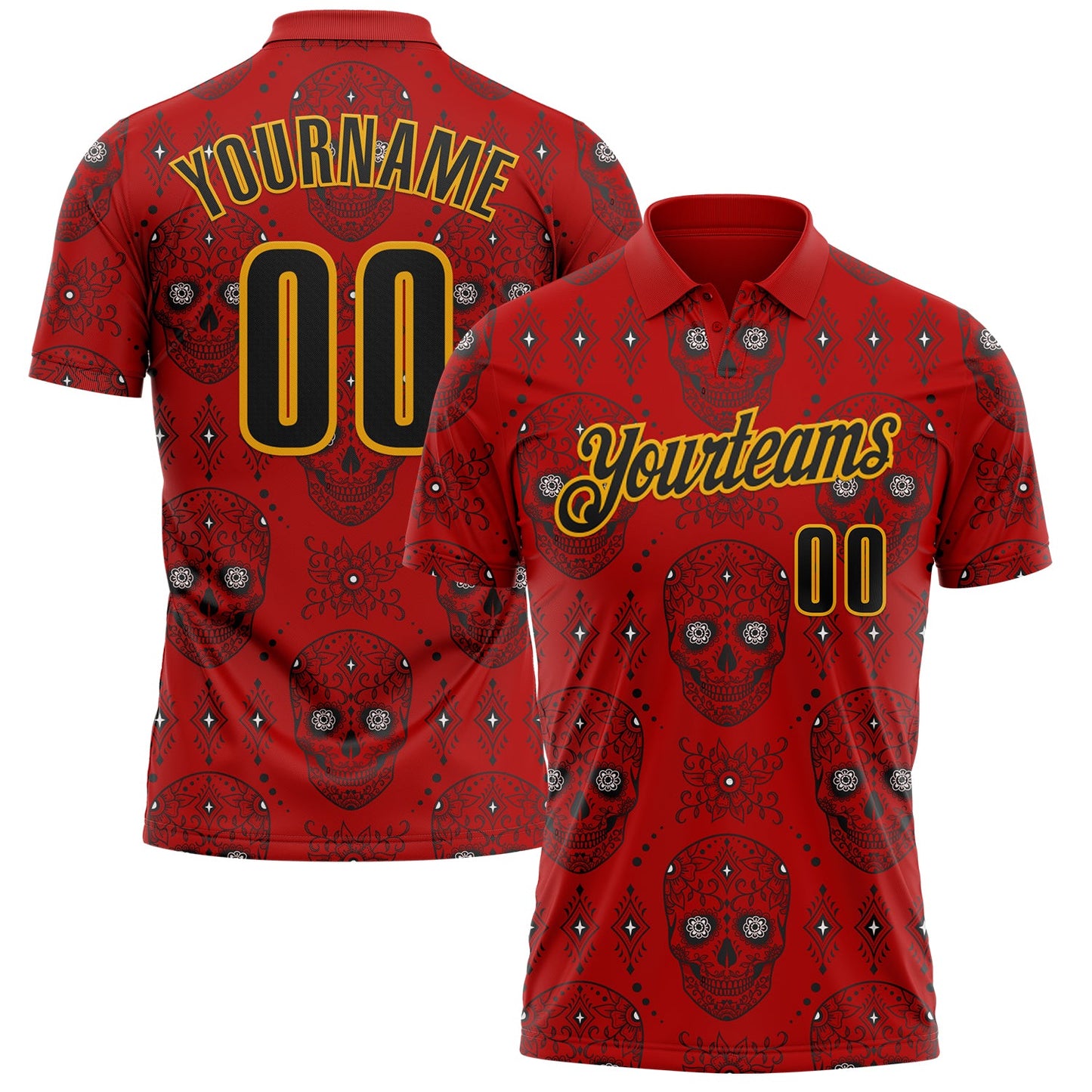 Custom Red Black-Gold Day of the Dead Mexican Sugar Skull Performance Polo Shirt