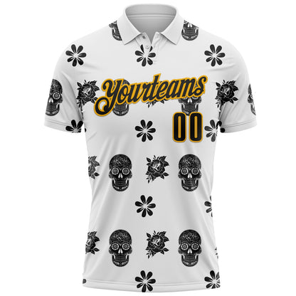 Custom White Black-Gold Day of the Dead Mexican Sugar Skull Performance Polo Shirt