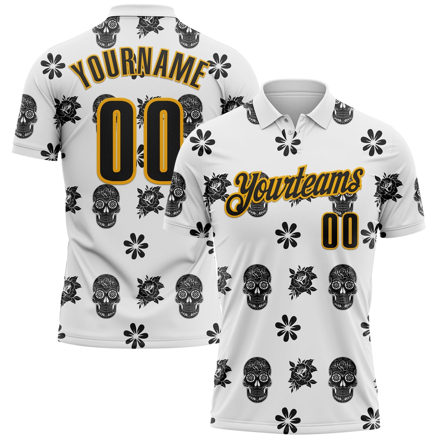 Custom White Black-Gold Day of the Dead Mexican Sugar Skull Performance Polo Shirt