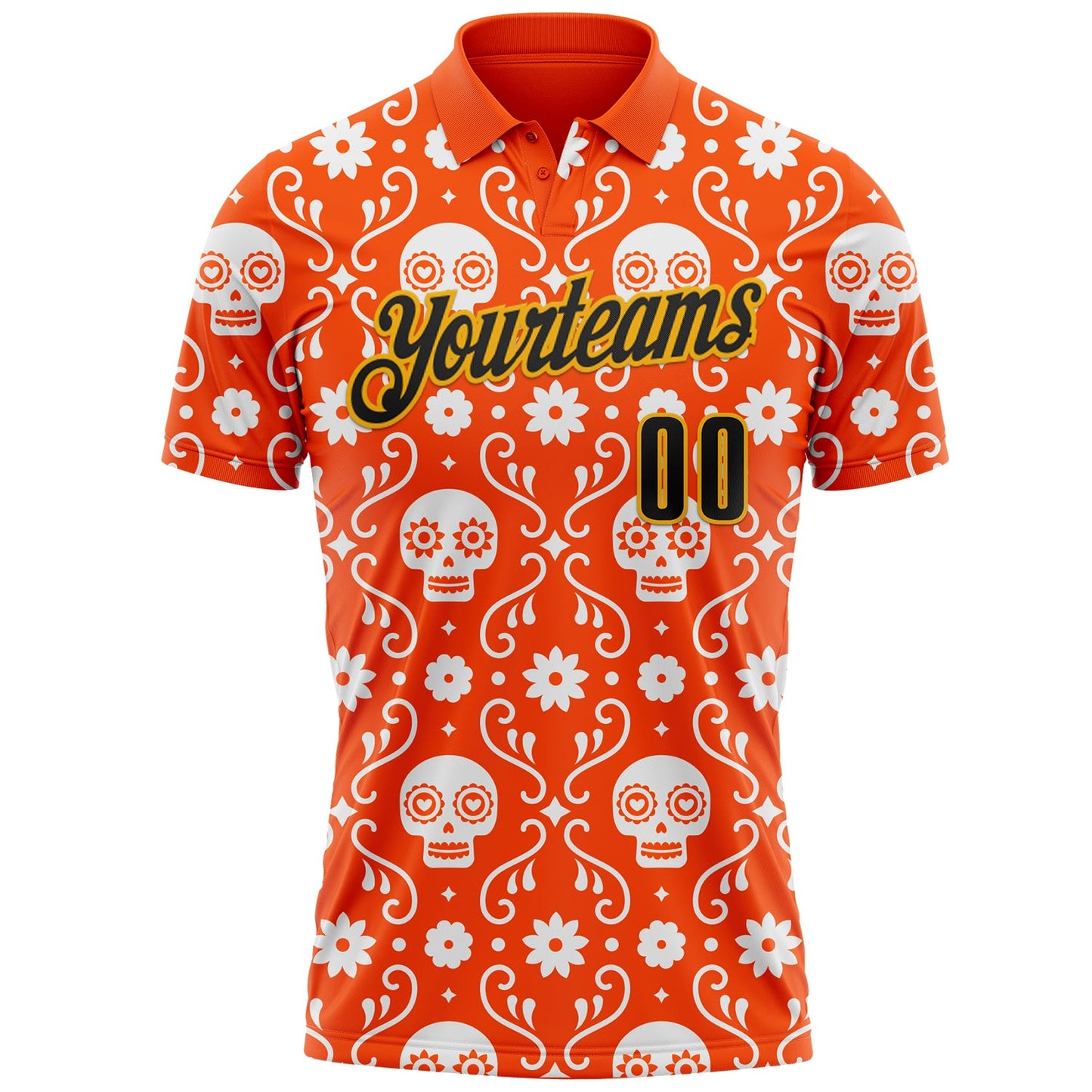 Custom Orange Black-Gold Day of the Dead Mexican Sugar Skull Performance Polo Shirt