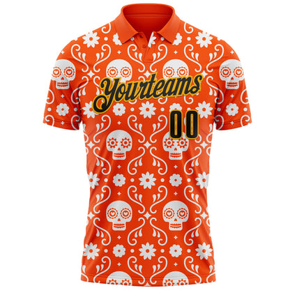 Custom Orange Black-Gold Day of the Dead Mexican Sugar Skull Performance Polo Shirt