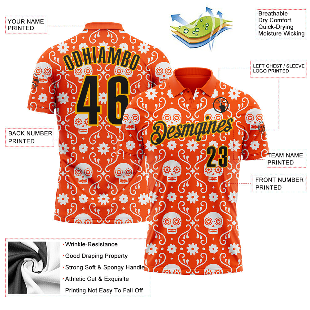 Custom Orange Black-Gold Day of the Dead Mexican Sugar Skull Performance Polo Shirt