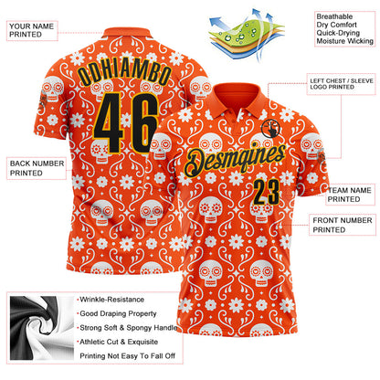 Custom Orange Black-Gold Day of the Dead Mexican Sugar Skull Performance Polo Shirt
