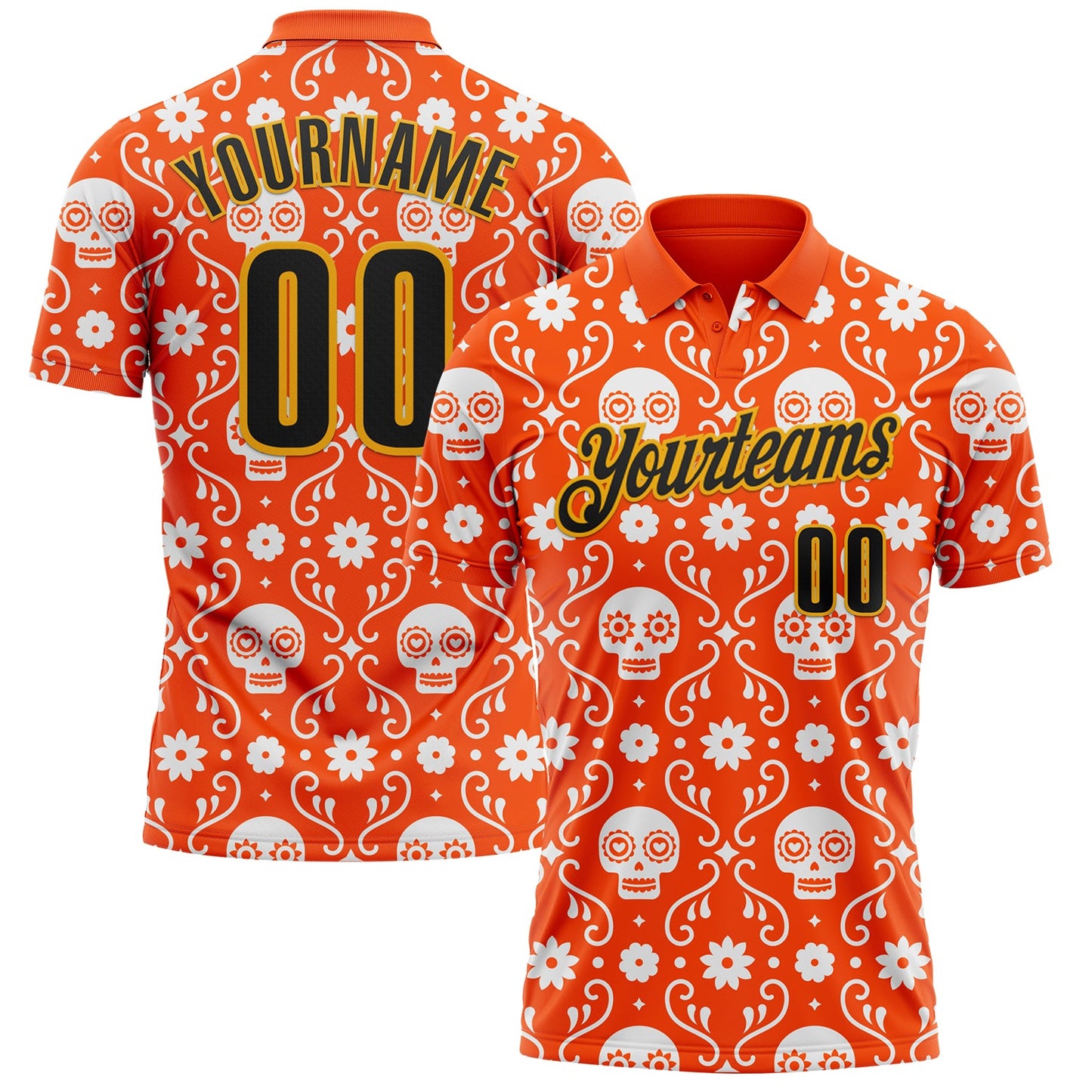 Custom Orange Black-Gold Day of the Dead Mexican Sugar Skull Performance Polo Shirt