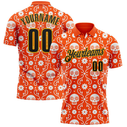 Custom Orange Black-Gold Day of the Dead Mexican Sugar Skull Performance Polo Shirt