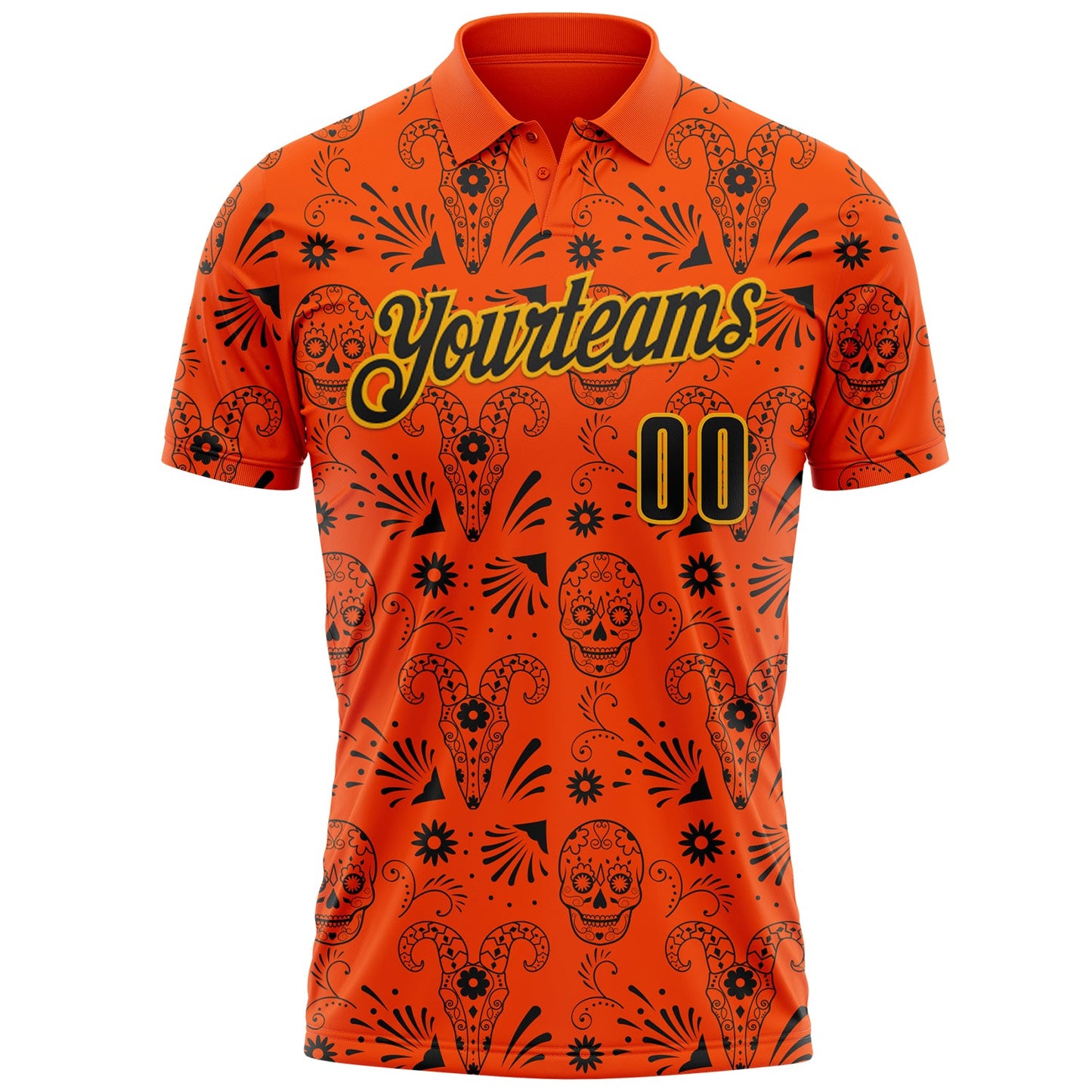 Custom Orange Black-Gold Day of the Dead Mexican Sugar Skull Performance Polo Shirt