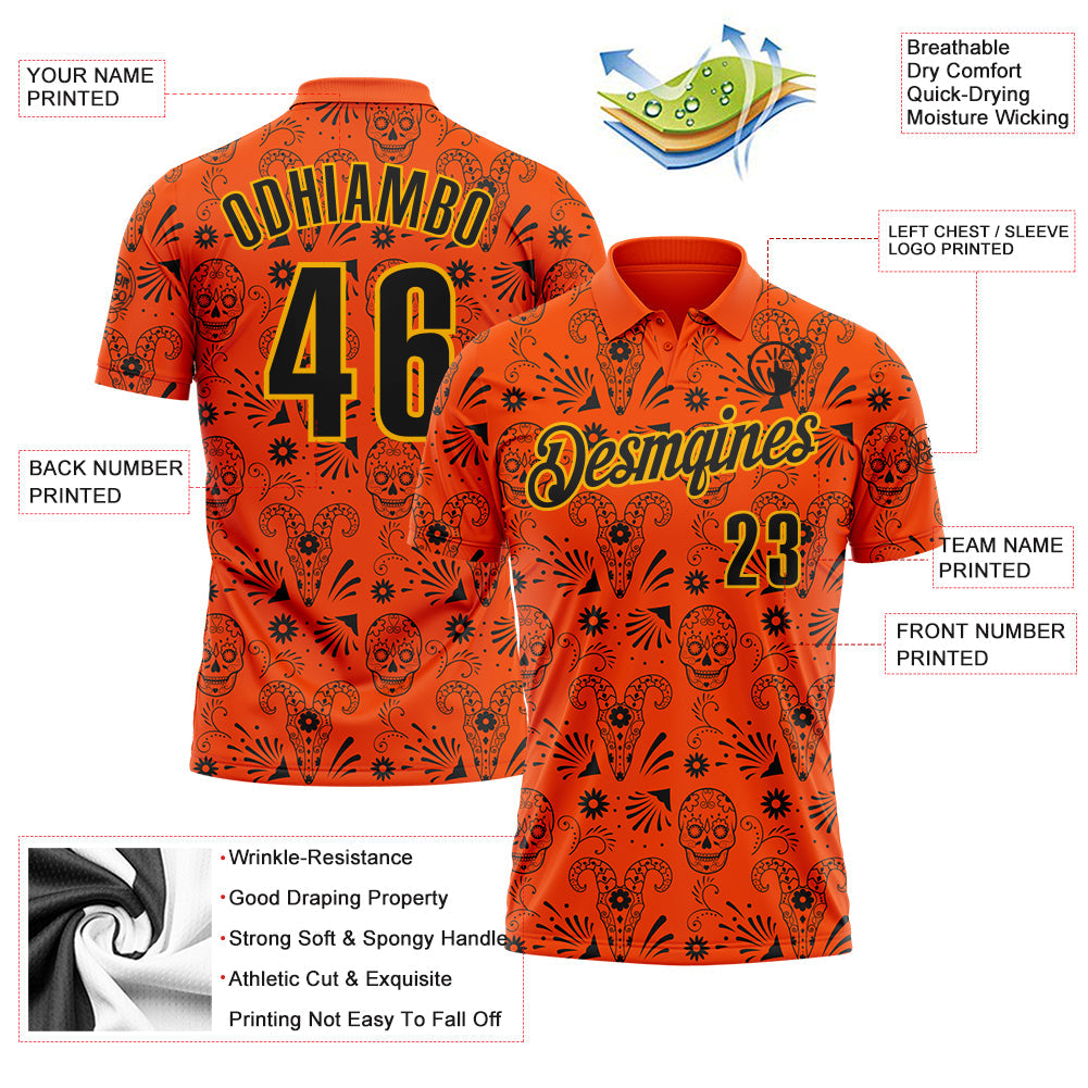 Custom Orange Black-Gold Day of the Dead Mexican Sugar Skull Performance Polo Shirt