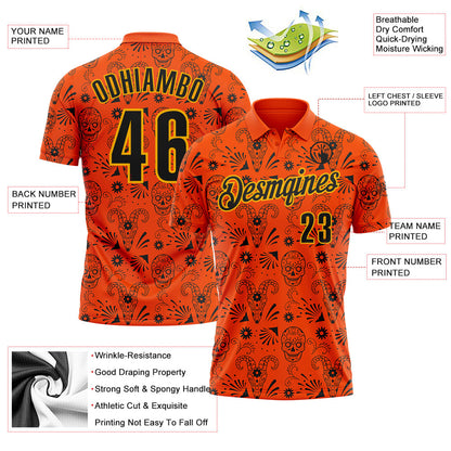 Custom Orange Black-Gold Day of the Dead Mexican Sugar Skull Performance Polo Shirt