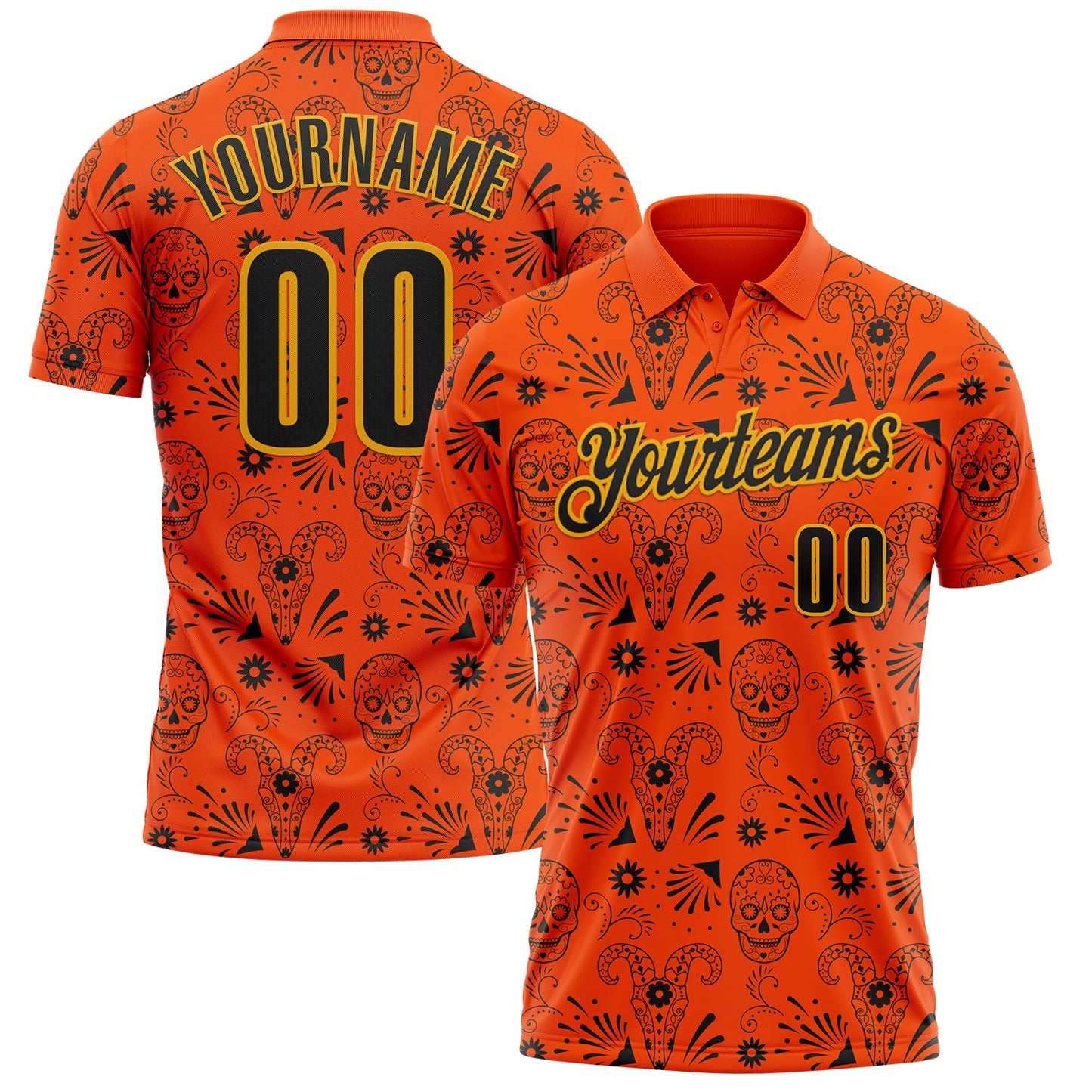 Custom Orange Black-Gold Day of the Dead Mexican Sugar Skull Performance Polo Shirt