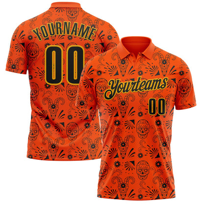 Custom Orange Black-Gold Day of the Dead Mexican Sugar Skull Performance Polo Shirt