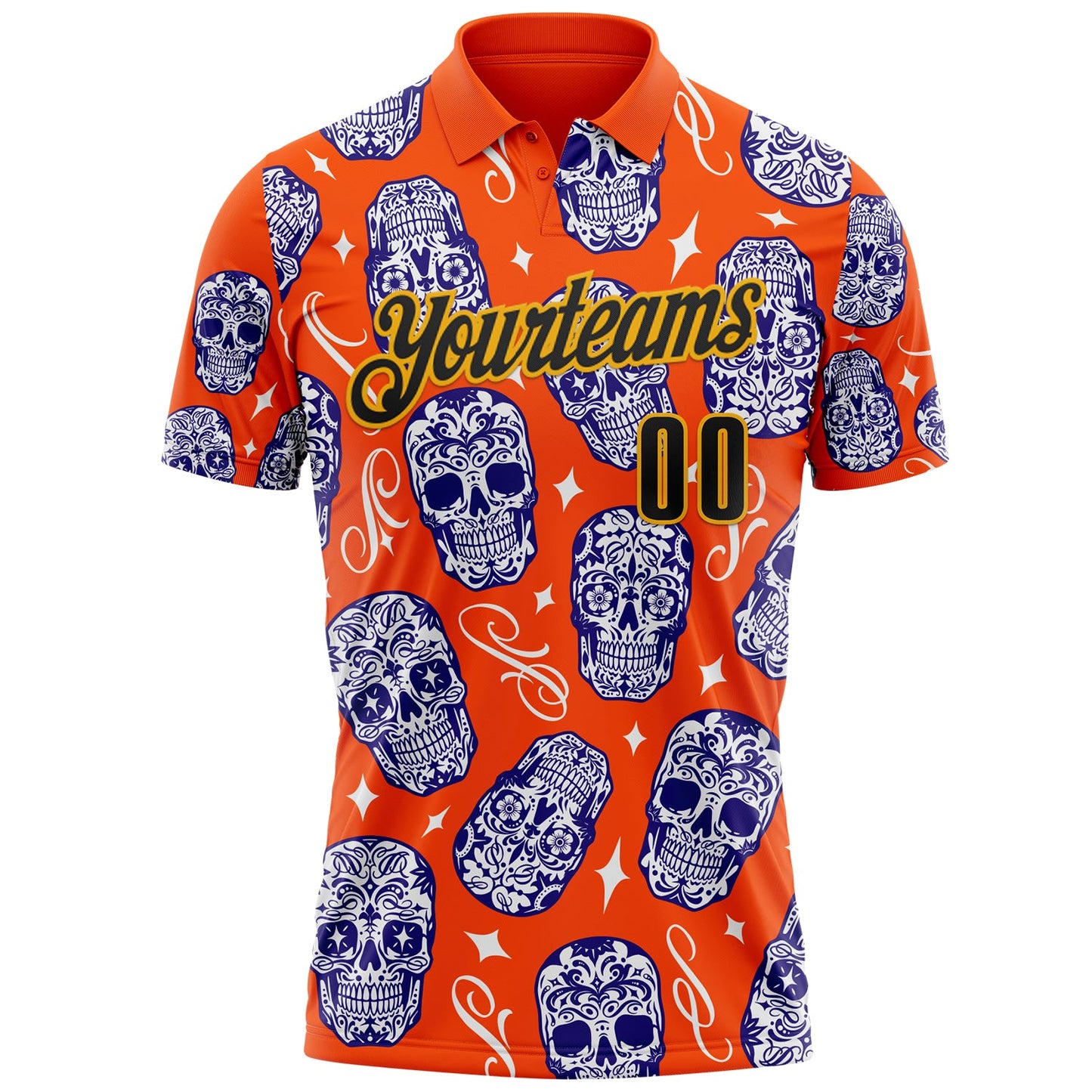 Custom Orange Black-Gold Day of the Dead Mexican Sugar Skull Performance Polo Shirt