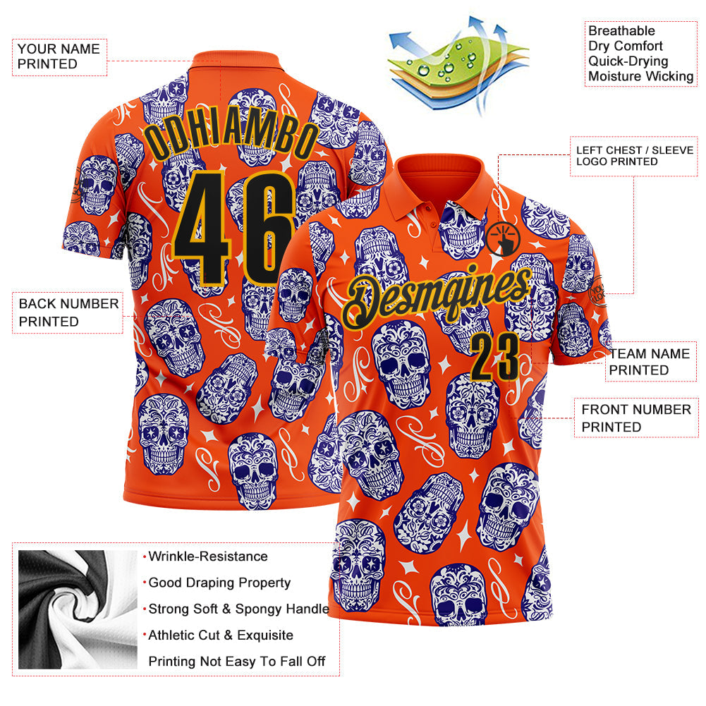 Custom Orange Black-Gold Day of the Dead Mexican Sugar Skull Performance Polo Shirt