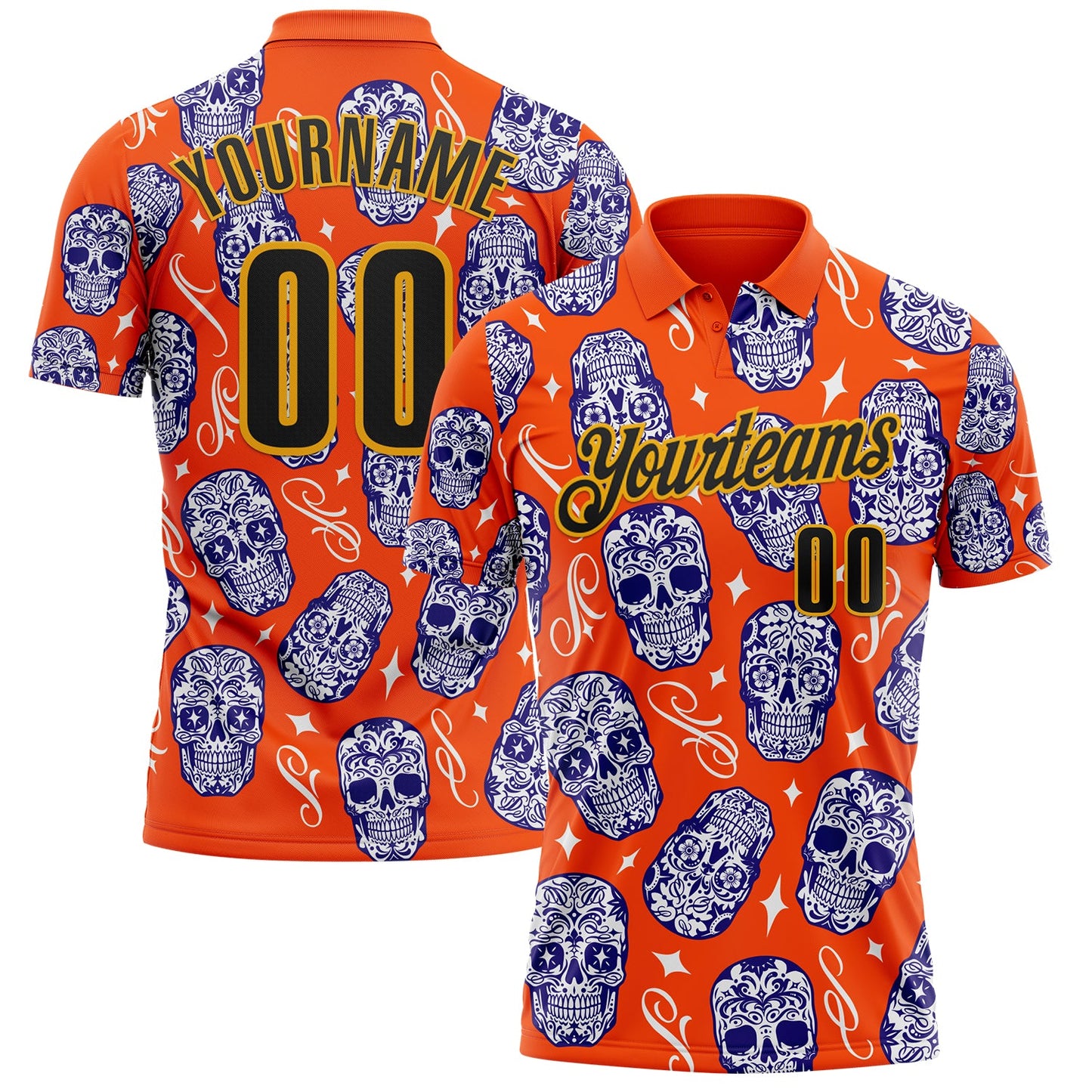 Custom Orange Black-Gold Day of the Dead Mexican Sugar Skull Performance Polo Shirt