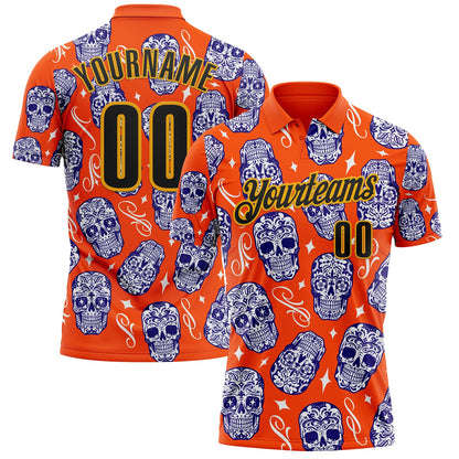 Custom Orange Black-Gold Day of the Dead Mexican Sugar Skull Performance Polo Shirt