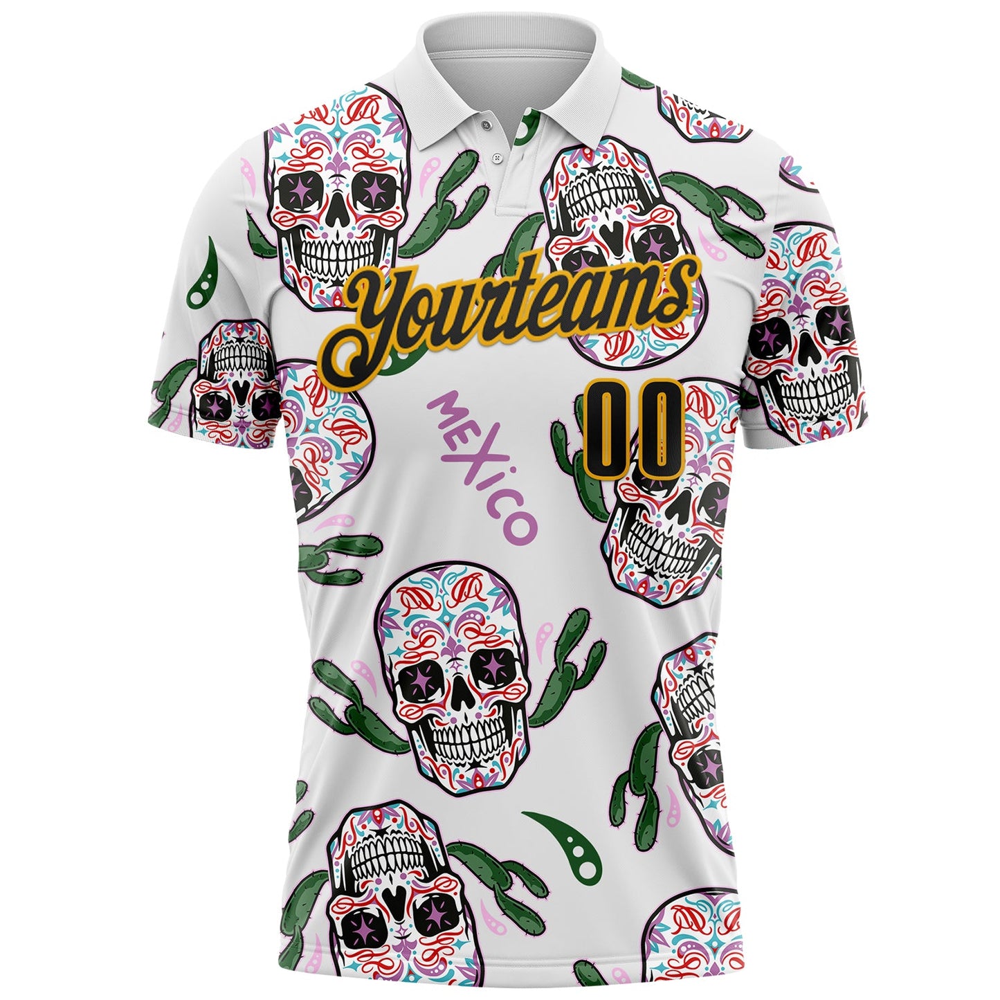 Custom White Black-Gold Day of the Dead Mexican Sugar Skull Performance Polo Shirt