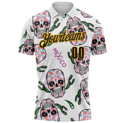 Custom White Black-Gold Day of the Dead Mexican Sugar Skull Performance Polo Shirt