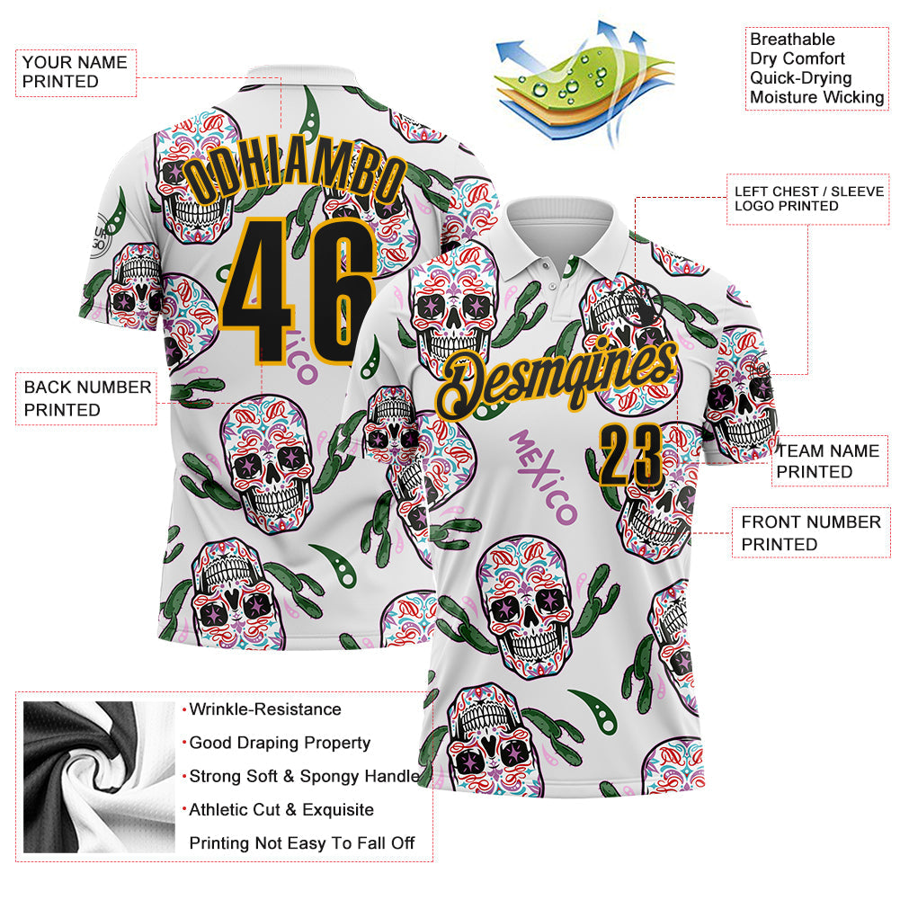 Custom White Black-Gold Day of the Dead Mexican Sugar Skull Performance Polo Shirt