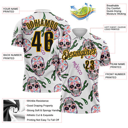 Custom White Black-Gold Day of the Dead Mexican Sugar Skull Performance Polo Shirt