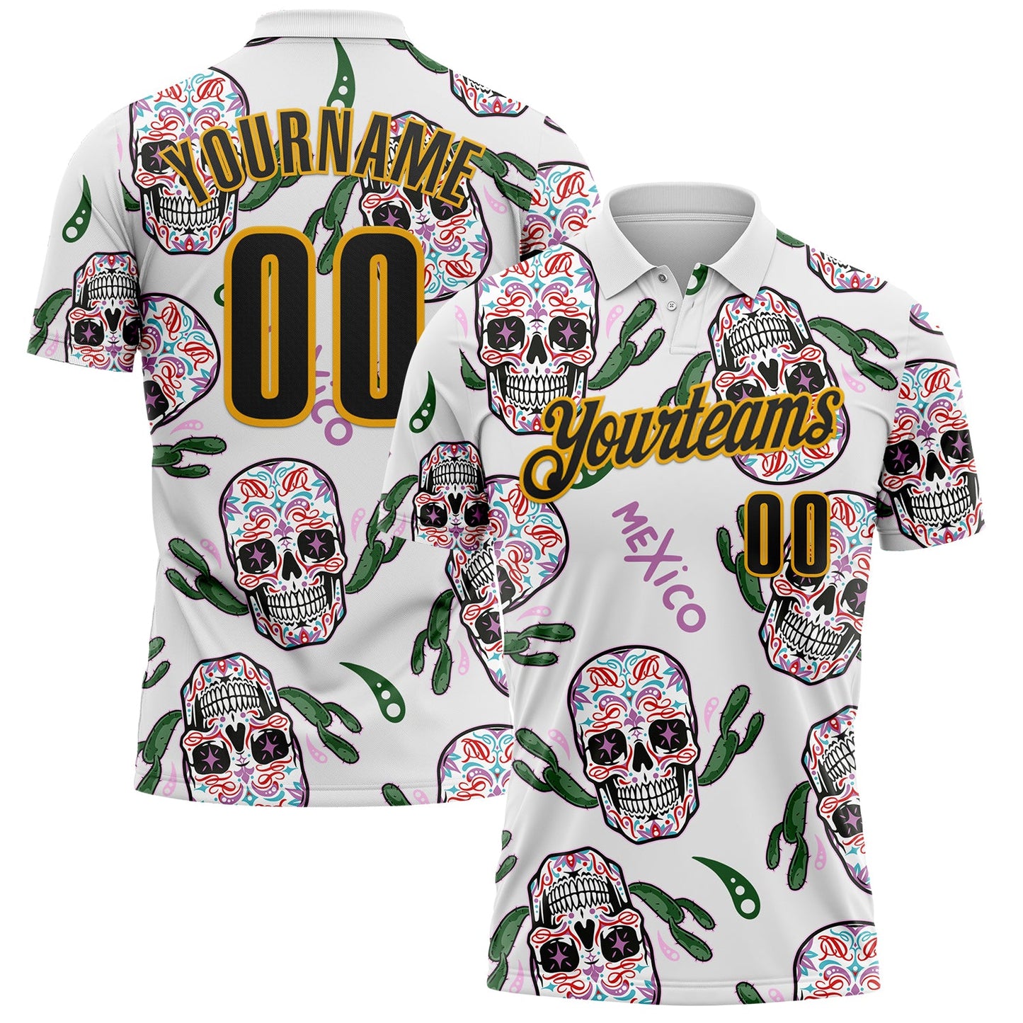 Custom White Black-Gold Day of the Dead Mexican Sugar Skull Performance Polo Shirt