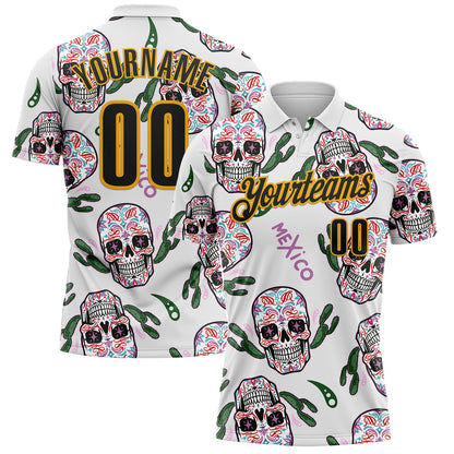 Custom White Black-Gold Day of the Dead Mexican Sugar Skull Performance Polo Shirt