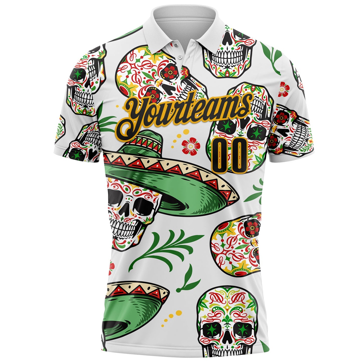 Custom White Black-Gold Day of the Dead Mexican Sugar Skull Performance Polo Shirt