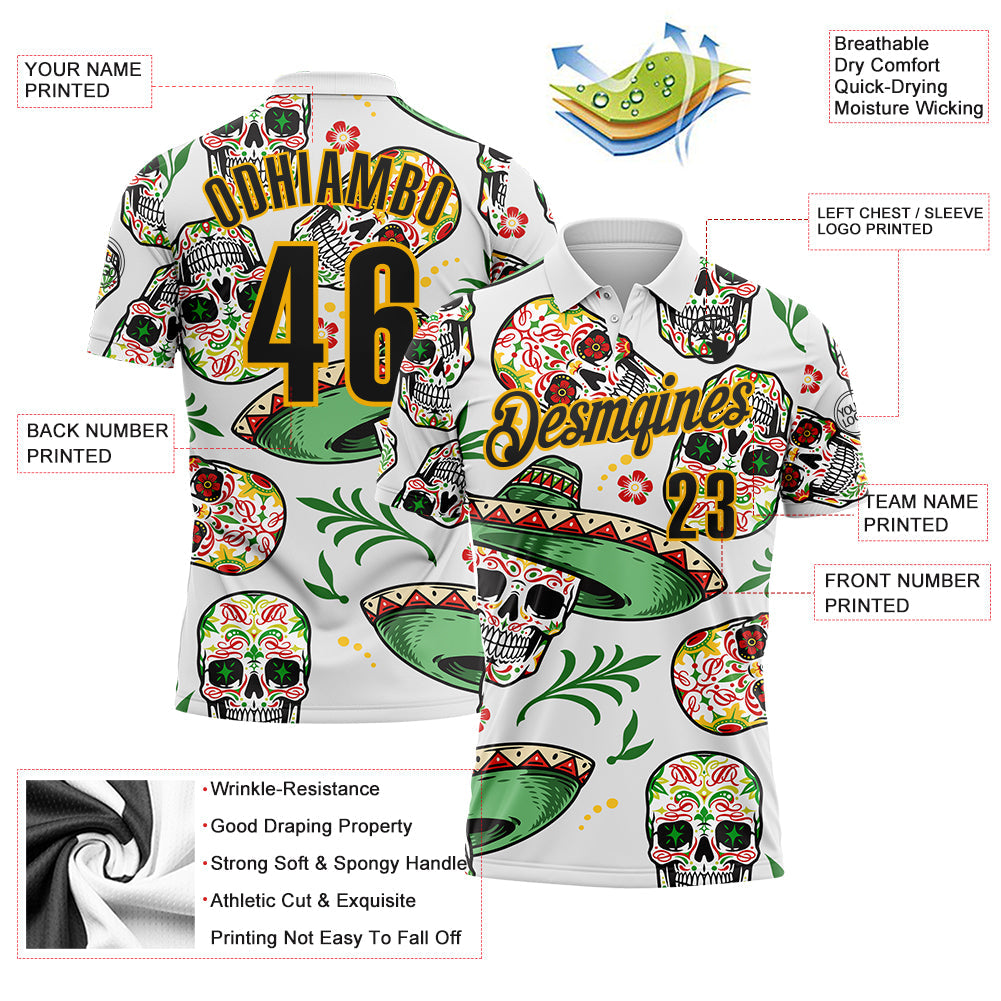 Custom White Black-Gold Day of the Dead Mexican Sugar Skull Performance Polo Shirt