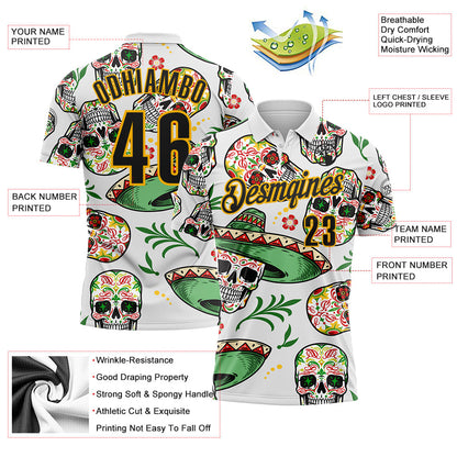Custom White Black-Gold Day of the Dead Mexican Sugar Skull Performance Polo Shirt