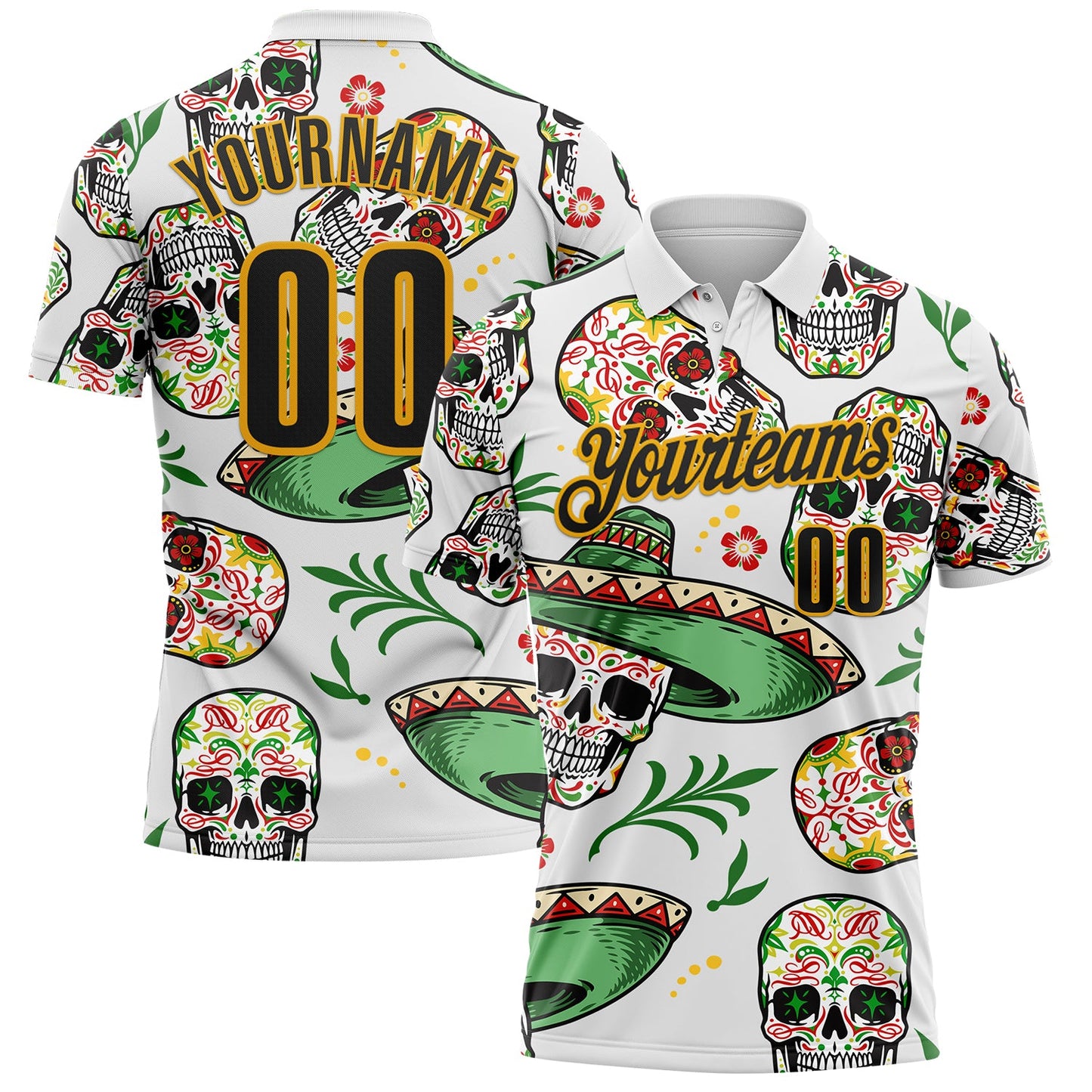 Custom White Black-Gold Day of the Dead Mexican Sugar Skull Performance Polo Shirt