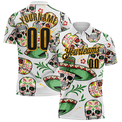 Custom White Black-Gold Day of the Dead Mexican Sugar Skull Performance Polo Shirt