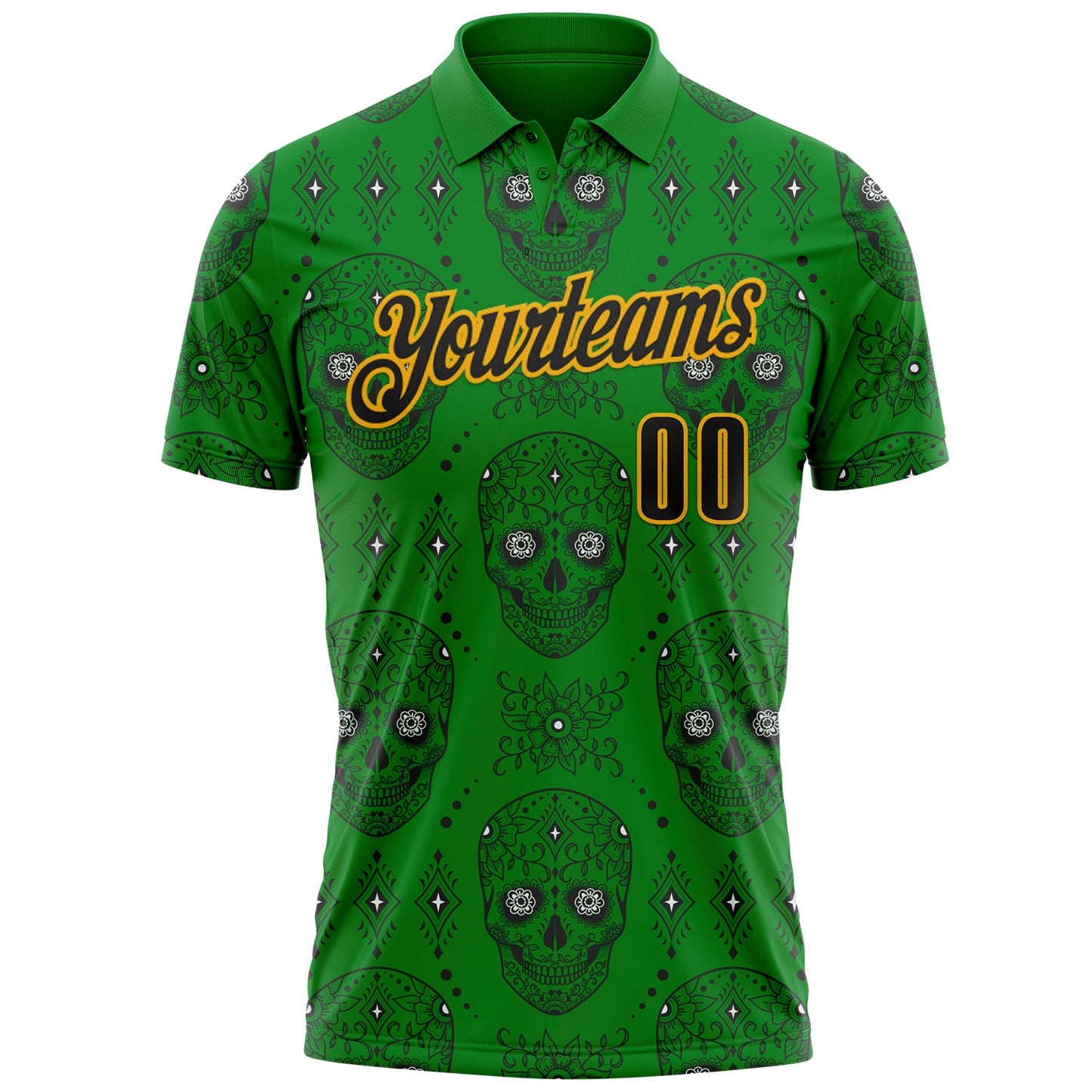 Custom Grass Green Black-Gold Day of the Dead Mexican Sugar Skull Performance Polo Shirt