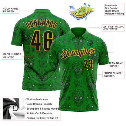 Custom Grass Green Black-Gold Day of the Dead Mexican Sugar Skull Performance Polo Shirt