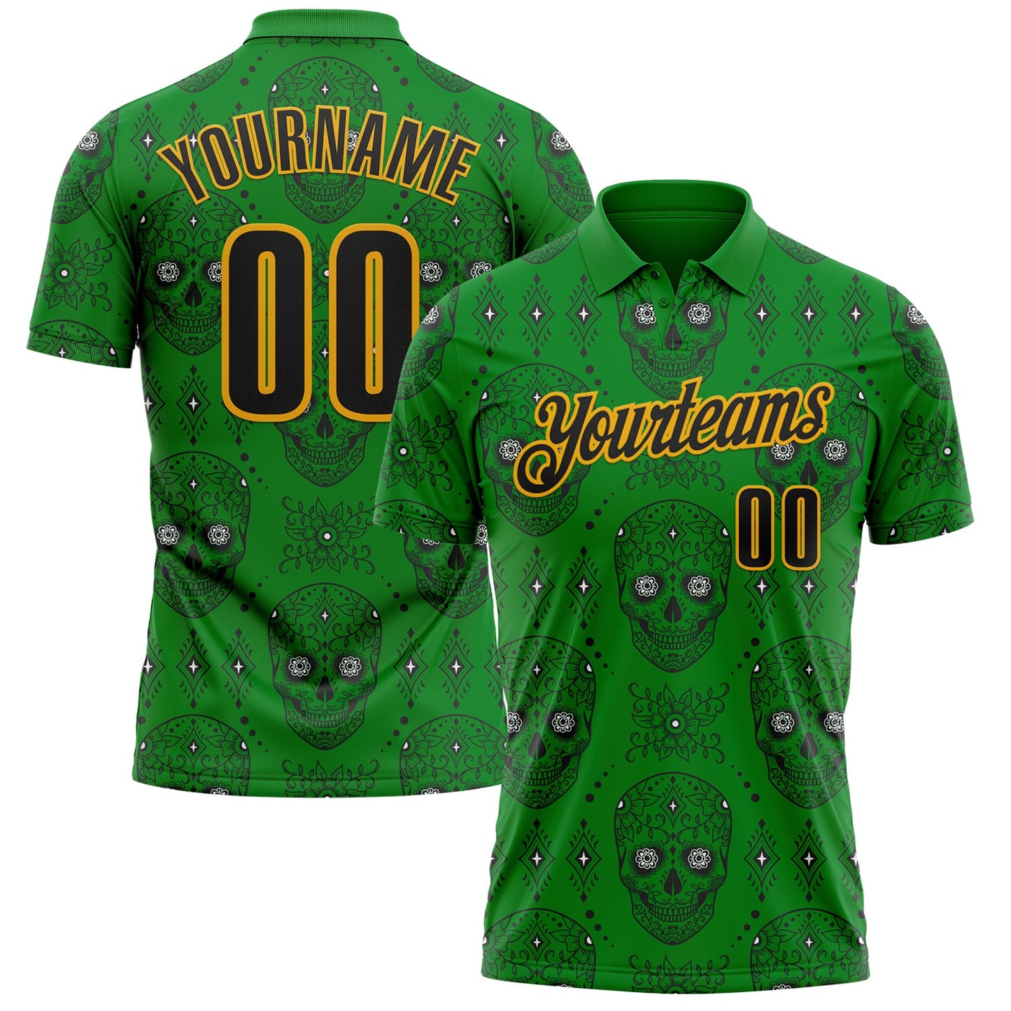 Custom Grass Green Black-Gold Day of the Dead Mexican Sugar Skull Performance Polo Shirt
