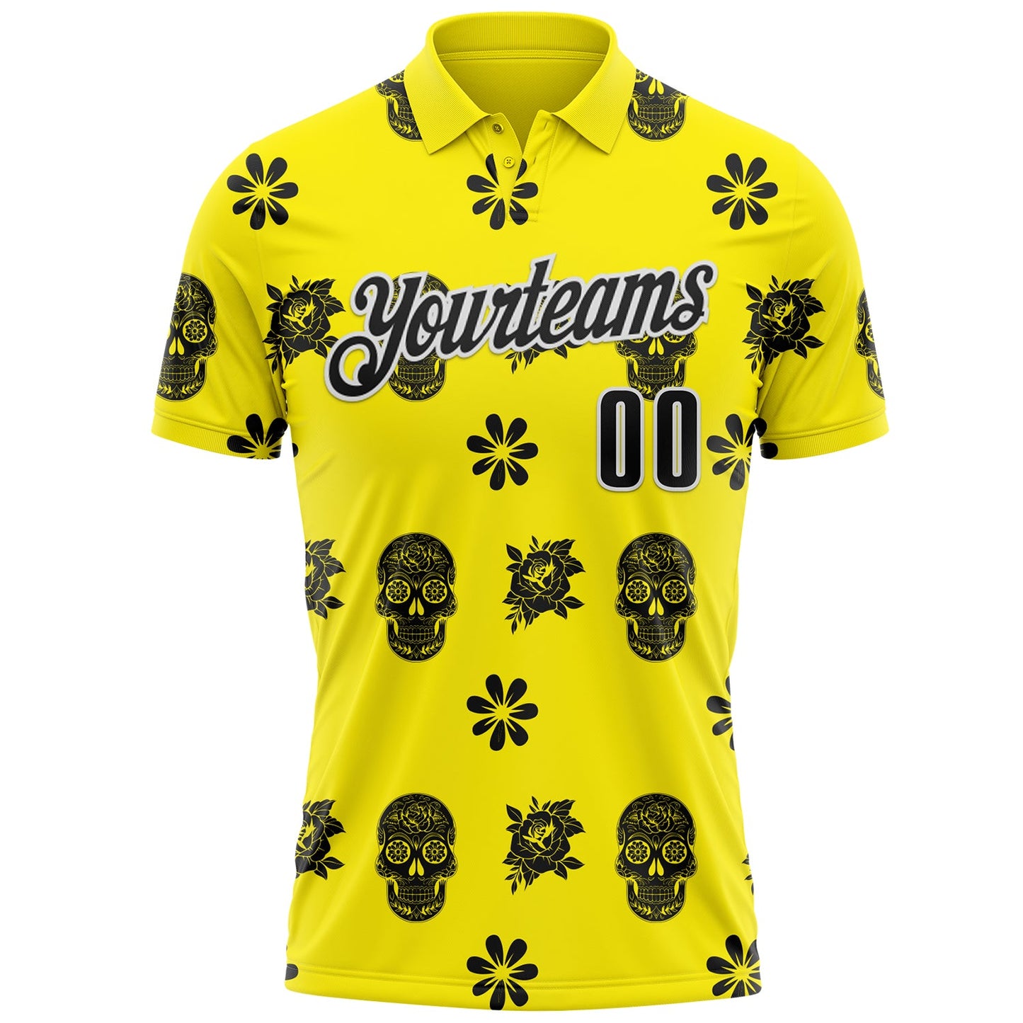 Custom Light Yellow Black-White Day of the Dead Mexican Sugar Skull Performance Polo Shirt