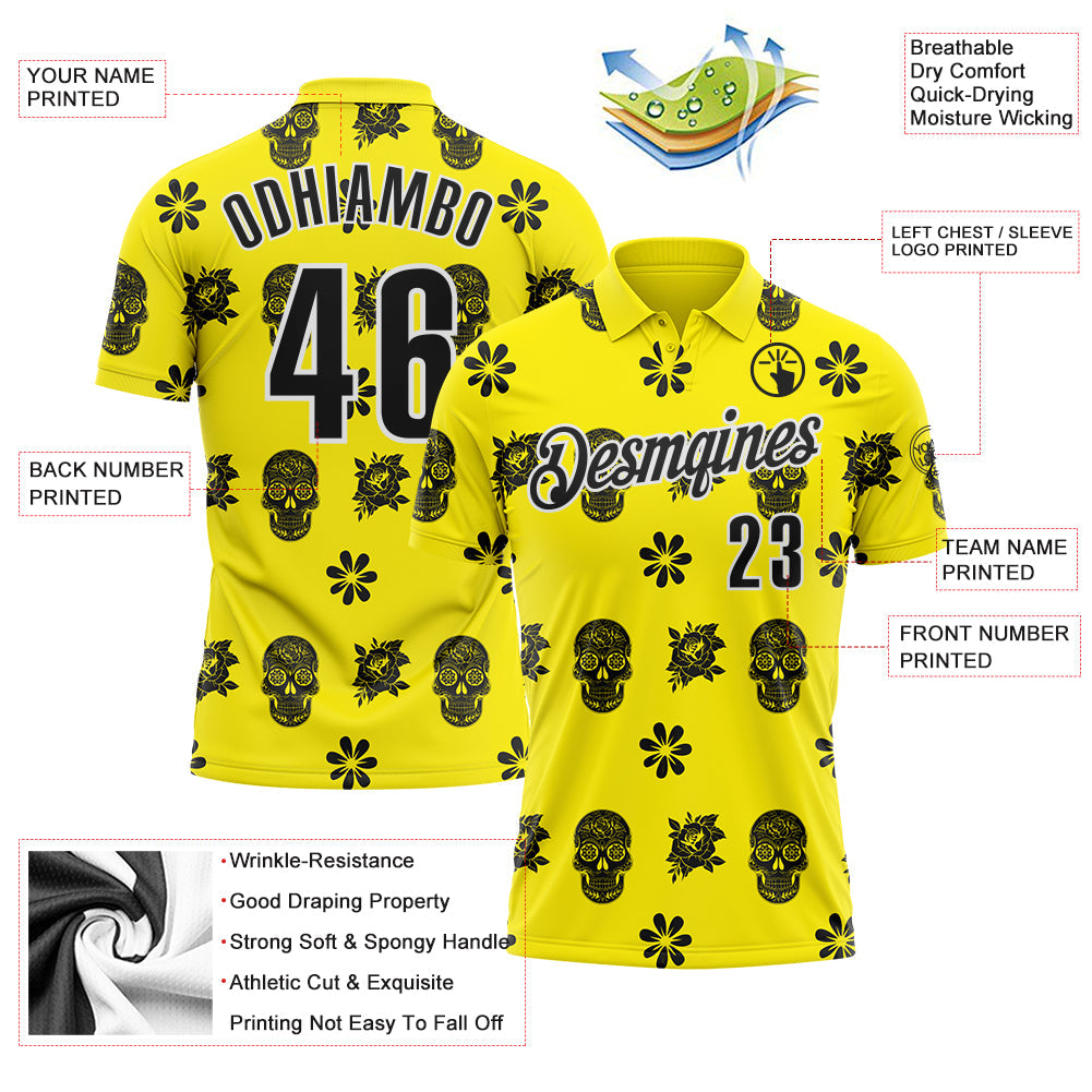Custom Light Yellow Black-White Day of the Dead Mexican Sugar Skull Performance Polo Shirt