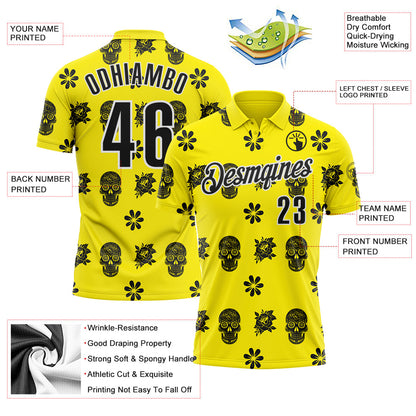 Custom Light Yellow Black-White Day of the Dead Mexican Sugar Skull Performance Polo Shirt