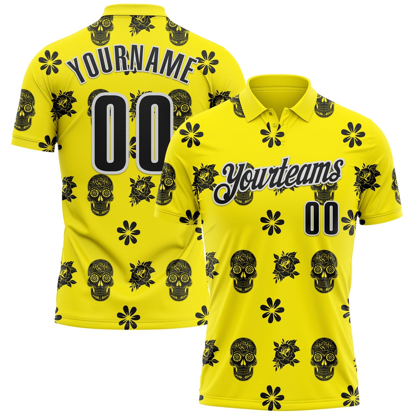 Custom Light Yellow Black-White Day of the Dead Mexican Sugar Skull Performance Polo Shirt