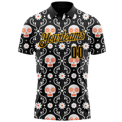Custom Black-Gold Day of the Dead Mexican Sugar Skull Performance Polo Shirt