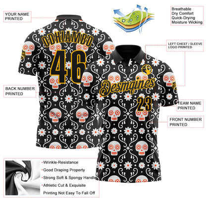 Custom Black-Gold Day of the Dead Mexican Sugar Skull Performance Polo Shirt