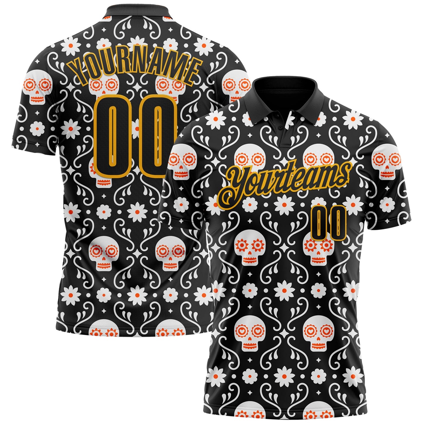 Custom Black-Gold Day of the Dead Mexican Sugar Skull Performance Polo Shirt