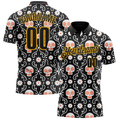 Custom Black-Gold Day of the Dead Mexican Sugar Skull Performance Polo Shirt