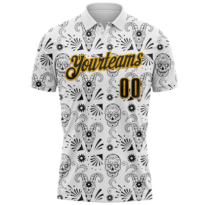 Custom White Black-Gold Day of the Dead Mexican Sugar Skull Performance Polo Shirt