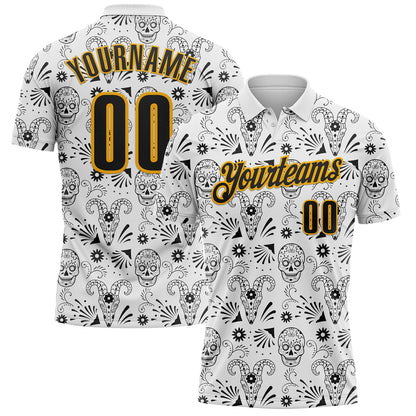 Custom White Black-Gold Day of the Dead Mexican Sugar Skull Performance Polo Shirt