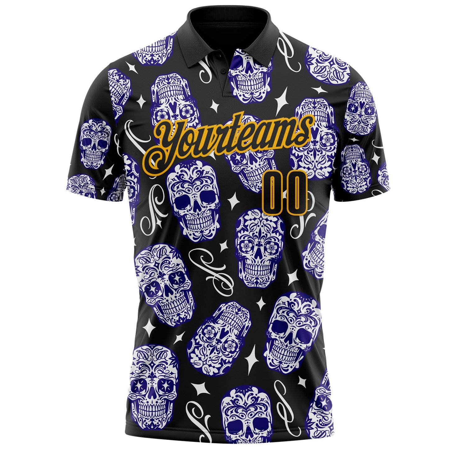 Custom Black-Gold Day of the Dead Mexican Sugar Skull Performance Polo Shirt
