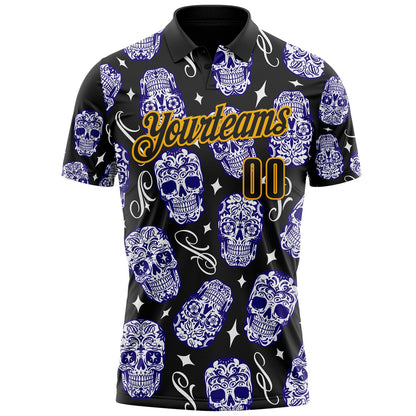 Custom Black-Gold Day of the Dead Mexican Sugar Skull Performance Polo Shirt