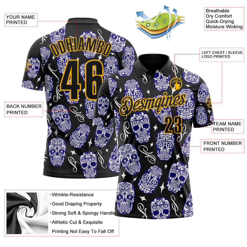 Custom Black-Gold Day of the Dead Mexican Sugar Skull Performance Polo Shirt