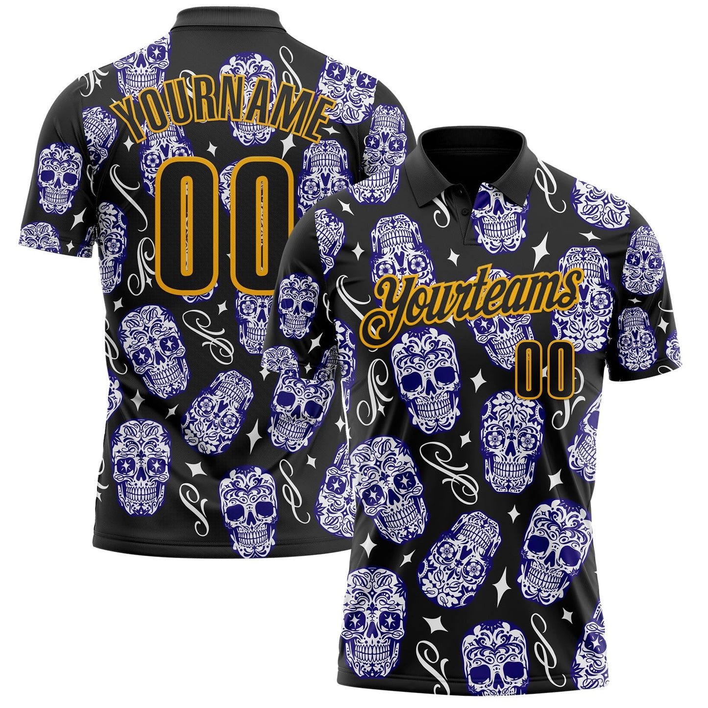 Custom Black-Gold Day of the Dead Mexican Sugar Skull Performance Polo Shirt