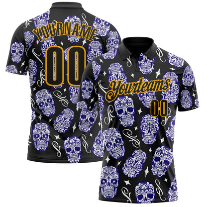 Custom Black-Gold Day of the Dead Mexican Sugar Skull Performance Polo Shirt