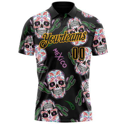 Custom Black-Gold Day of the Dead Mexican Sugar Skull Performance Polo Shirt