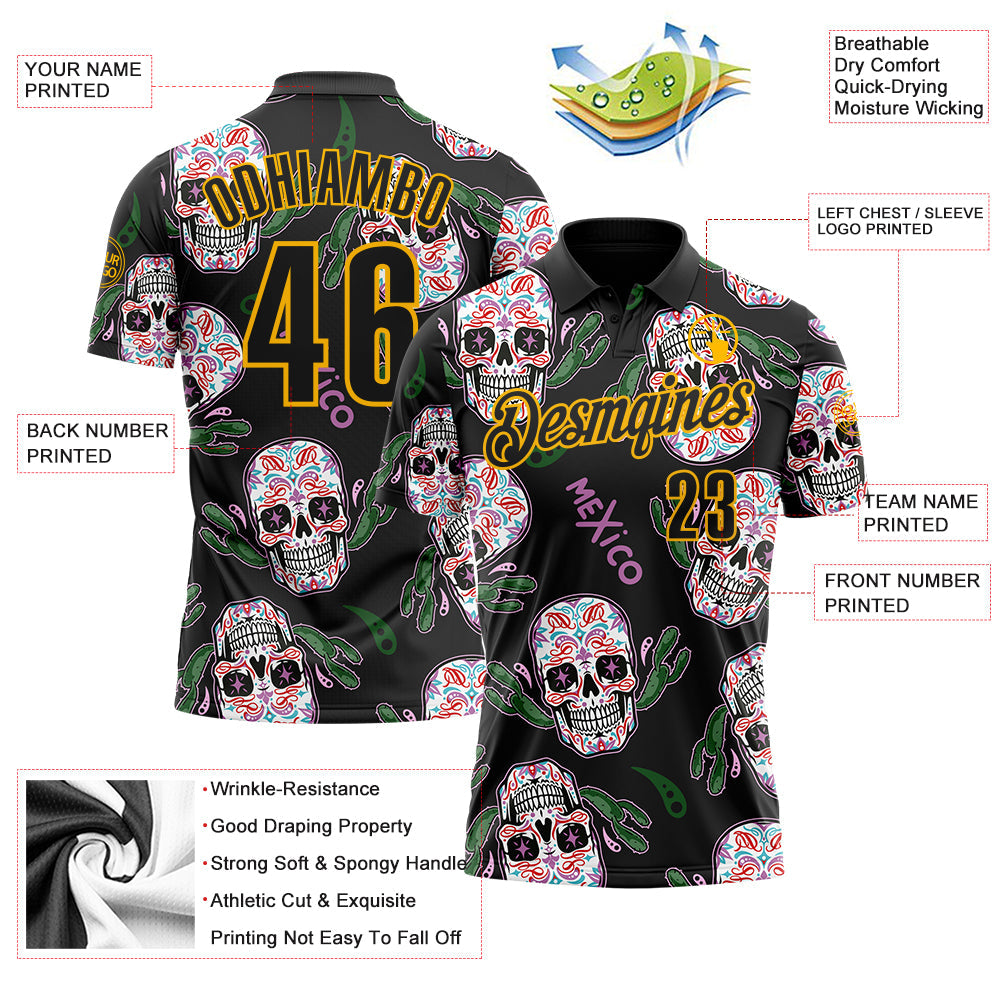 Custom Black-Gold Day of the Dead Mexican Sugar Skull Performance Polo Shirt