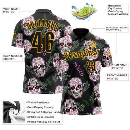 Custom Black-Gold Day of the Dead Mexican Sugar Skull Performance Polo Shirt